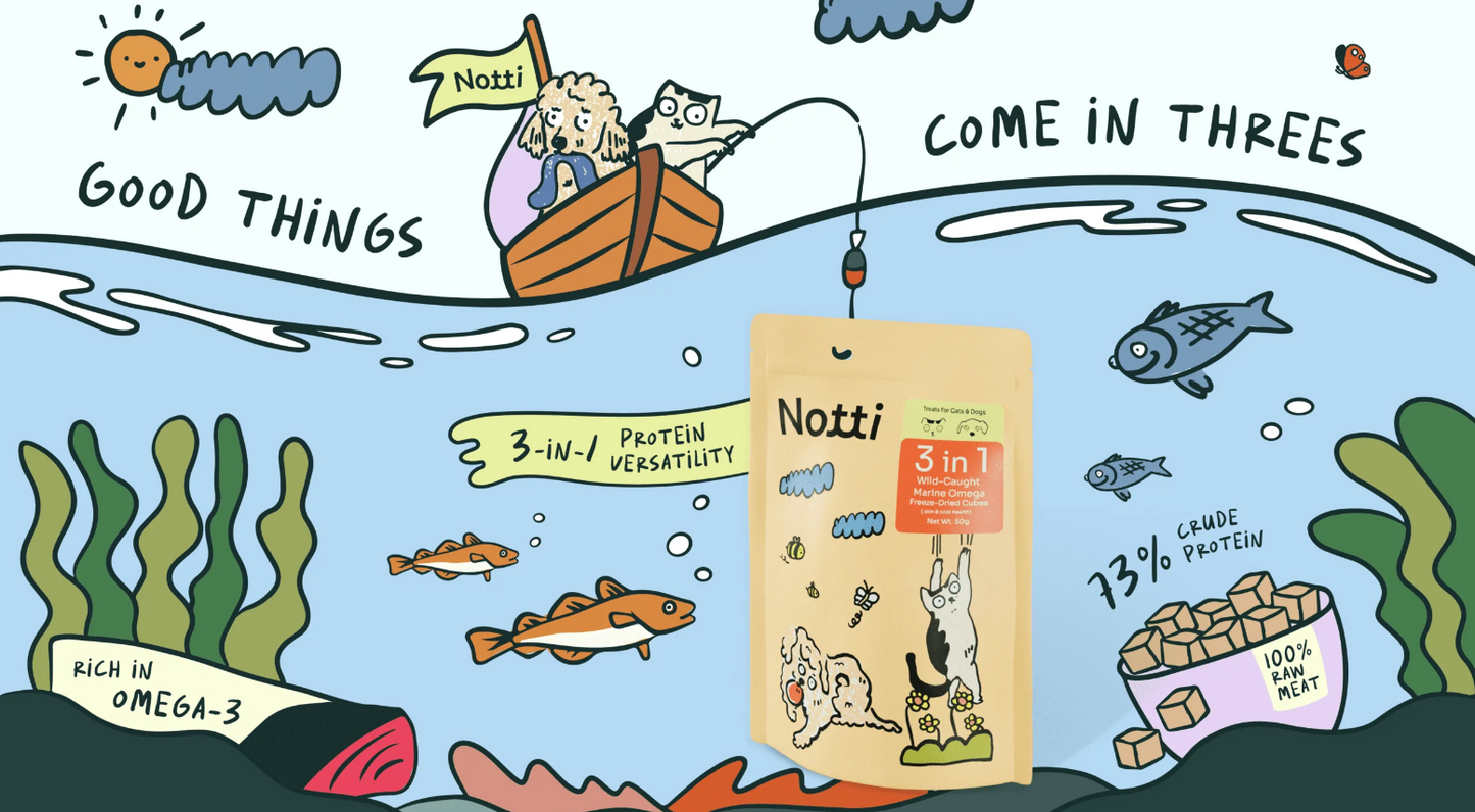 Notti Cat Treats Dog Treats 3-in-1 Wild-Caught Marine Omega Freeze-Dried Cubes - Baconlicious