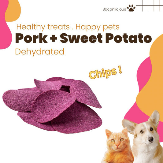 Dehydrated Pork and sweet potato chips. dog treats. cat treats