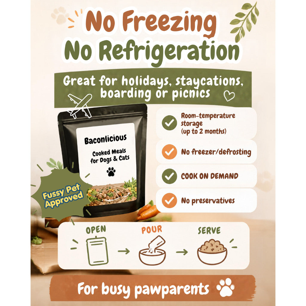 Fresh Pet Cook Food Meal for Dogs and Cats. Open and serve, no freezing or refrigeration required. Cook upon order
