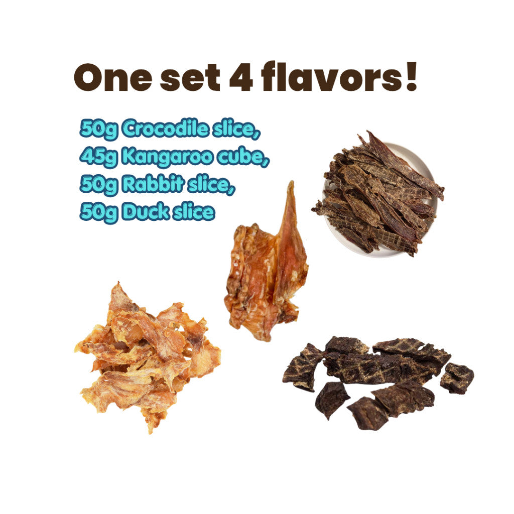 Hypoallergenic Treats for dog, crocodile jerky, rabbit jerky, kangaroo cubes, duck jerky