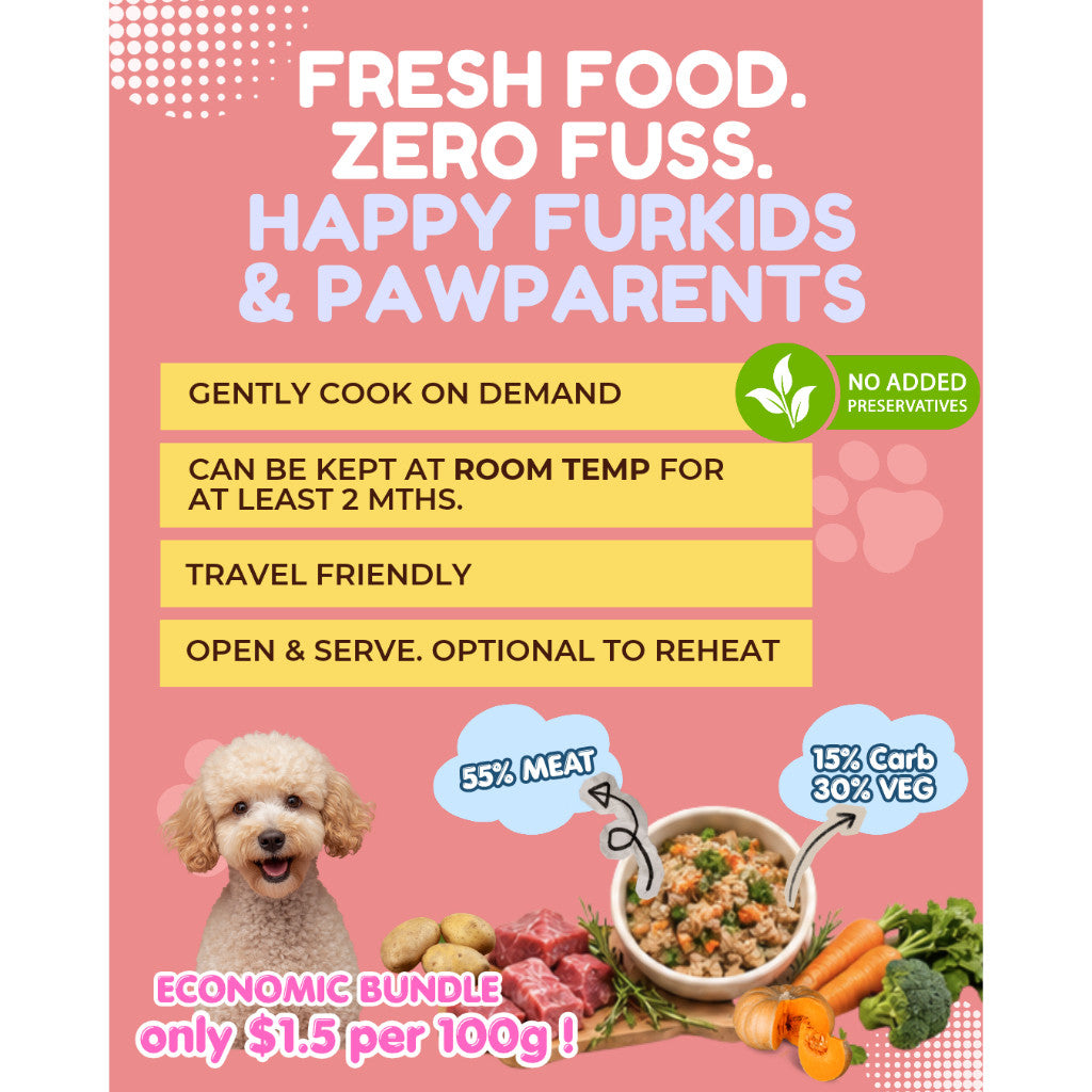 Fresh Pet Cook Food Meal for Dogs and Cats. Open and serve, no freezing or refrigeration required. Cook upon order