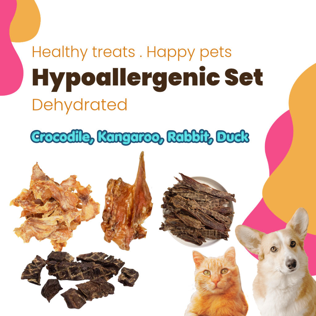 Hypoallergenic Treats for dog, crocodile jerky, rabbit jerky, kangaroo cubes, duck jerky